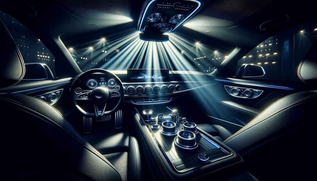 modern car interior with premium accessories and soft blue led lighting