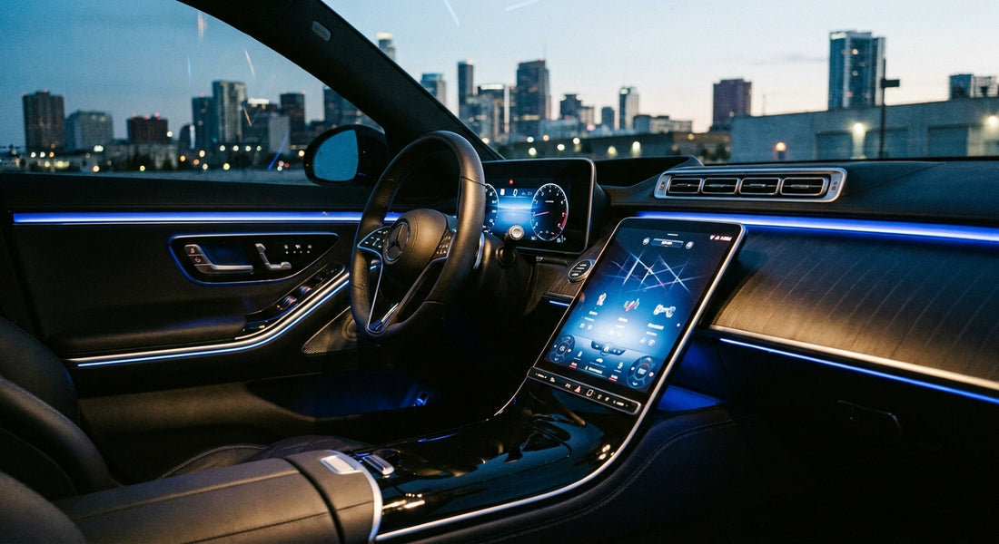 A modern car interior at dusk featuring ambient LED lighting, a glowing touchscreen head unit, and a premium door speaker, highlighting aftermarket audio and lighting upgrades.