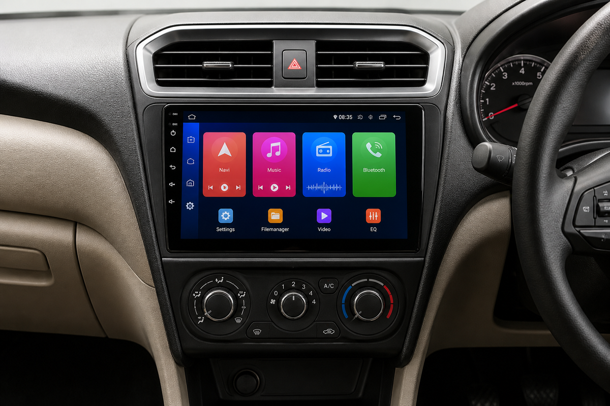 Car dashboard with a 9 inch touchscreen stereo installed in the center console