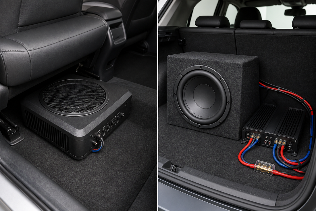 Side-by-side comparison of an active underseat car subwoofer and a passive boot subwoofer with a separate amplifier.