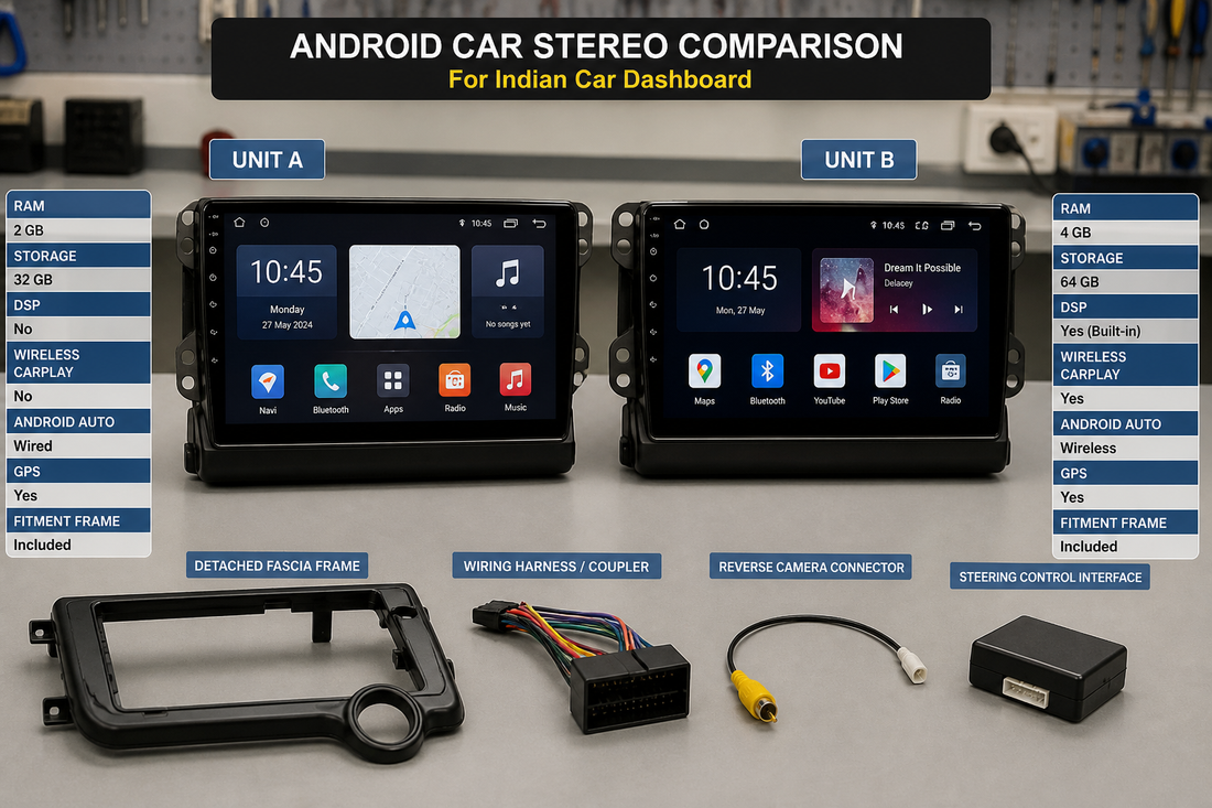 Android car stereo units, dashboard frame, wiring coupler, and camera connectors arranged on a workbench