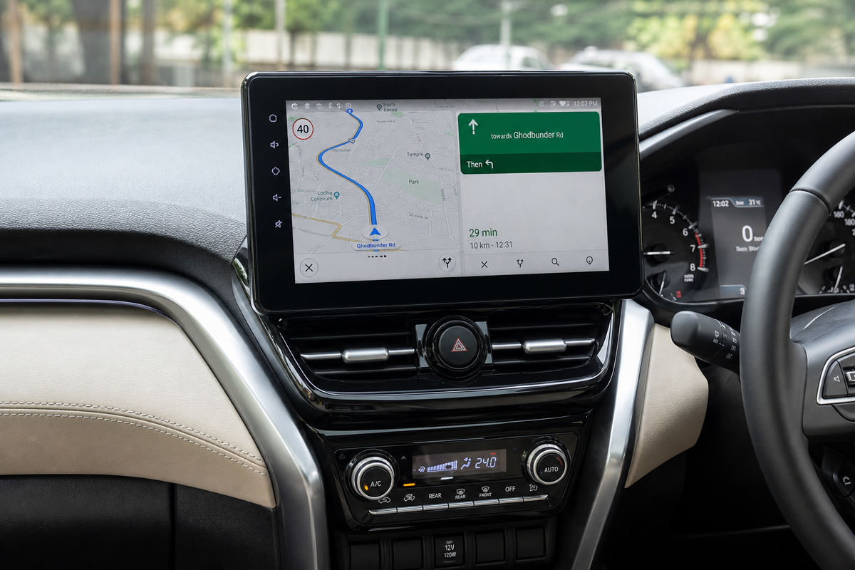 Car dashboard with a 10 inch Android touchscreen stereo installed