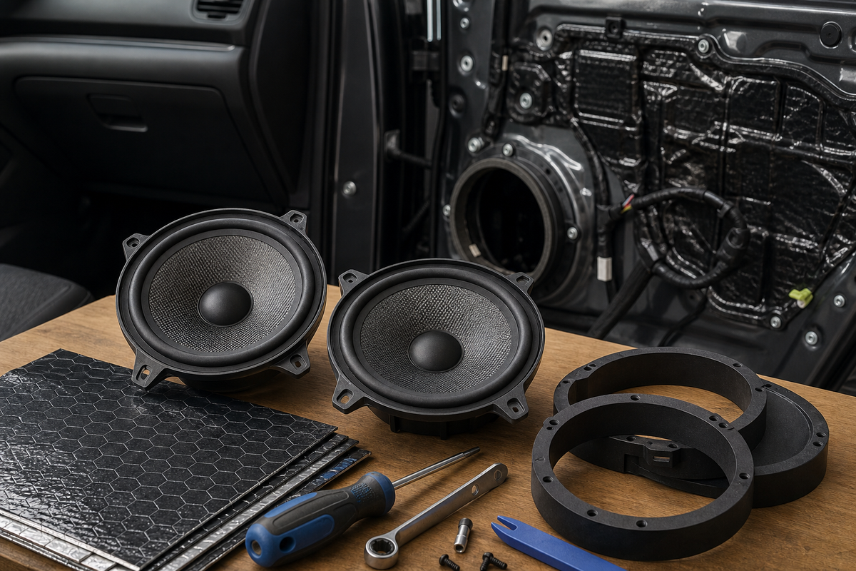 Two car speakers, damping sheets, and speaker spacers next to an open car door during installation