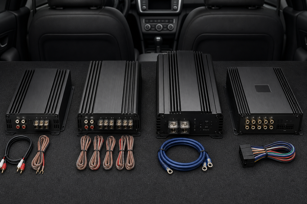 Four types of car audio amplifiers displayed side by side: 2-channel, 4-channel, mono, and DSP.