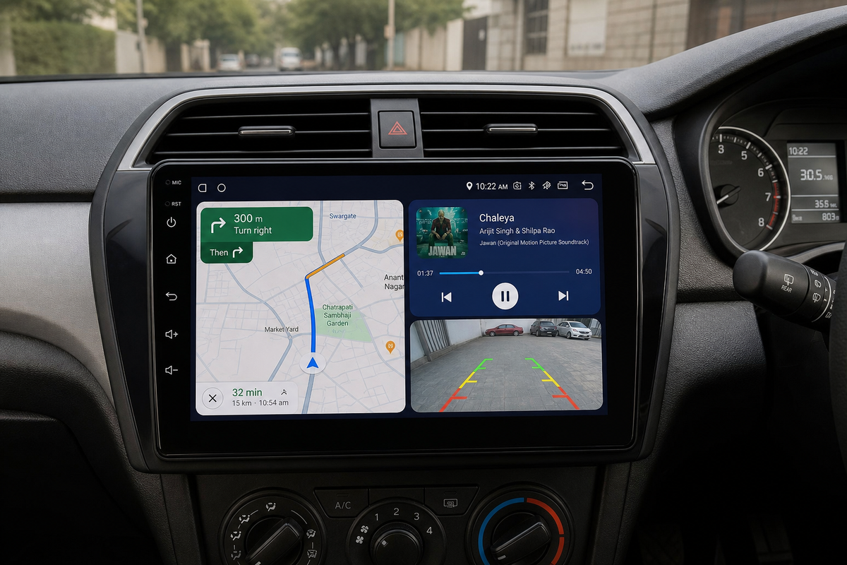 Car dashboard with Android stereo showing navigation and music interface with reverse camera support.