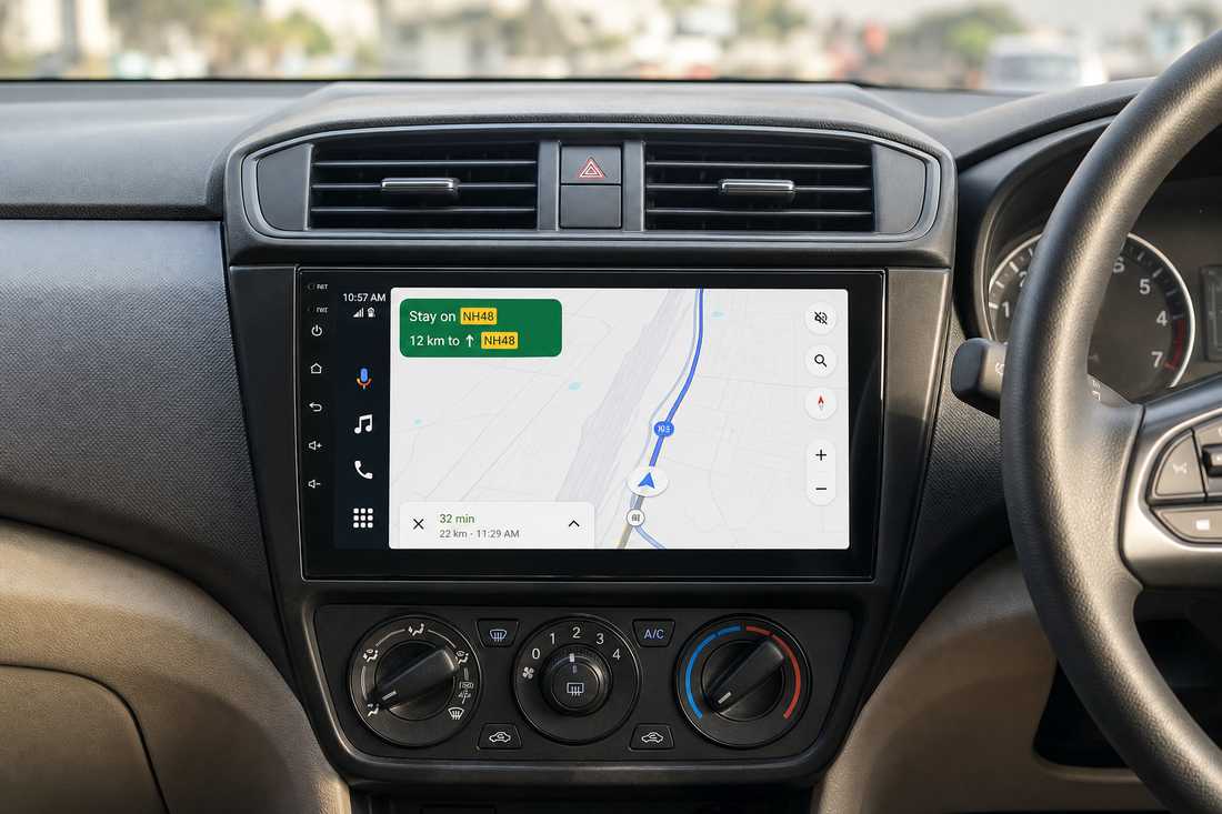 Car dashboard with a 9-inch Android stereo showing navigation in a clean factory-style installation.