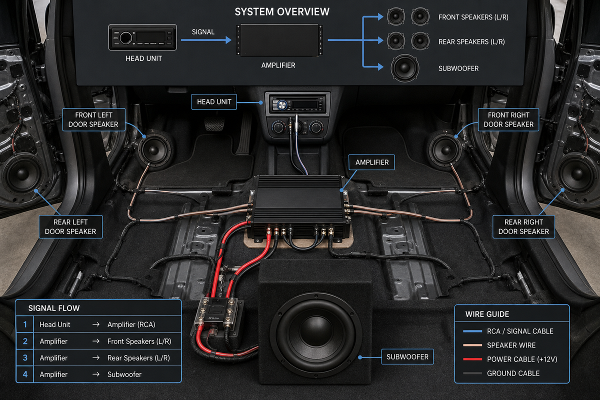 Car audio system diagram showing an amplifier connected to four speakers and one subwoofer