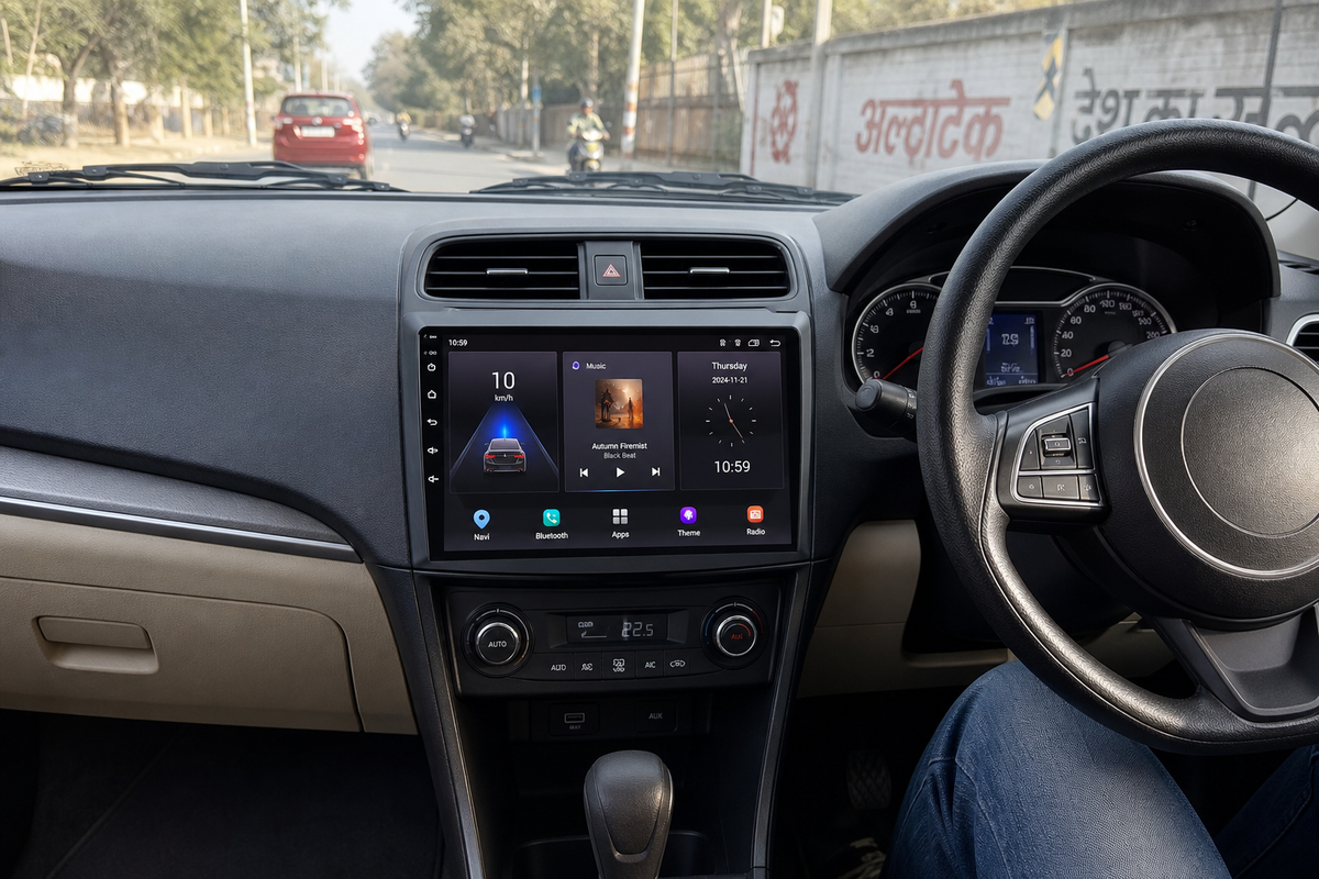 Car interior with a factory-like touchscreen display upgrade fitted into the center dashboard