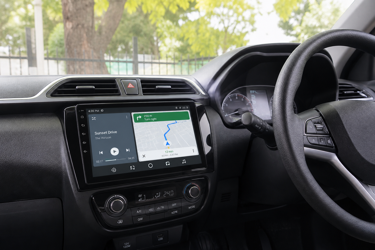 Car dashboard with a 9-inch touchscreen stereo showing navigation and music controls.