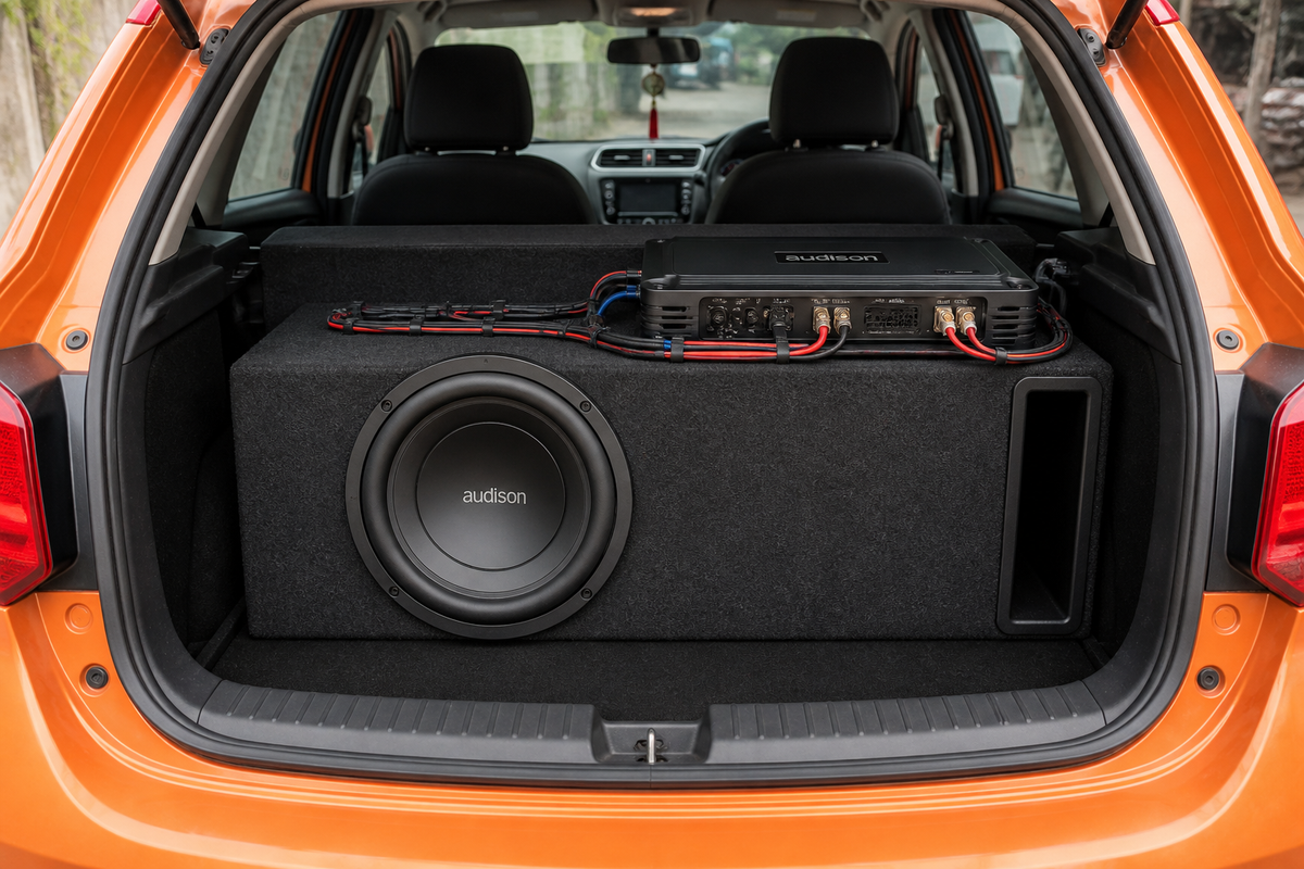 Car boot with subwoofer enclosure and amplifier installed neatly