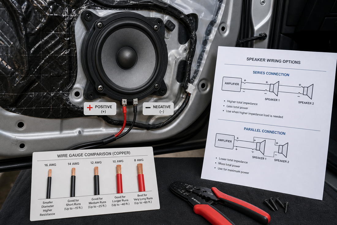 Car door speaker with positive and negative wires, wire gauge samples, and series versus parallel wiring diagram.