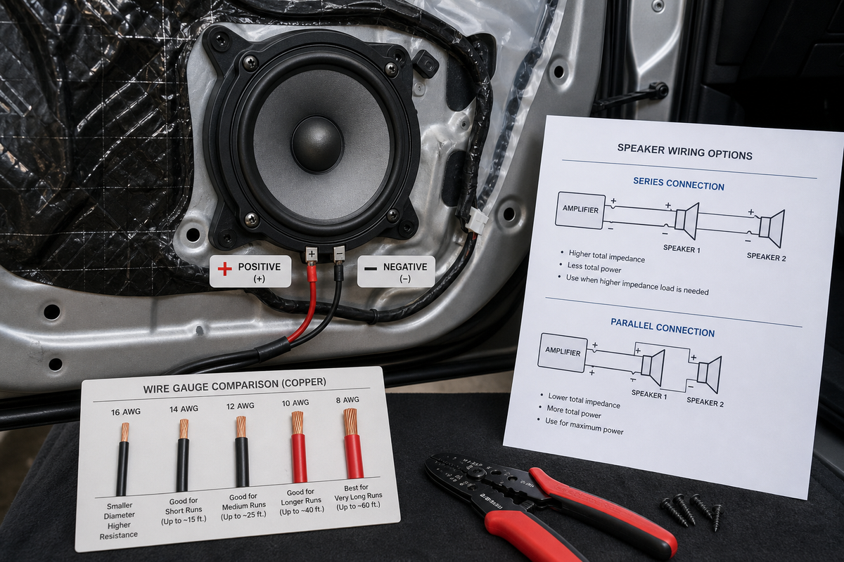 Car door speaker with positive and negative wires, wire gauge samples, and series versus parallel wiring diagram.