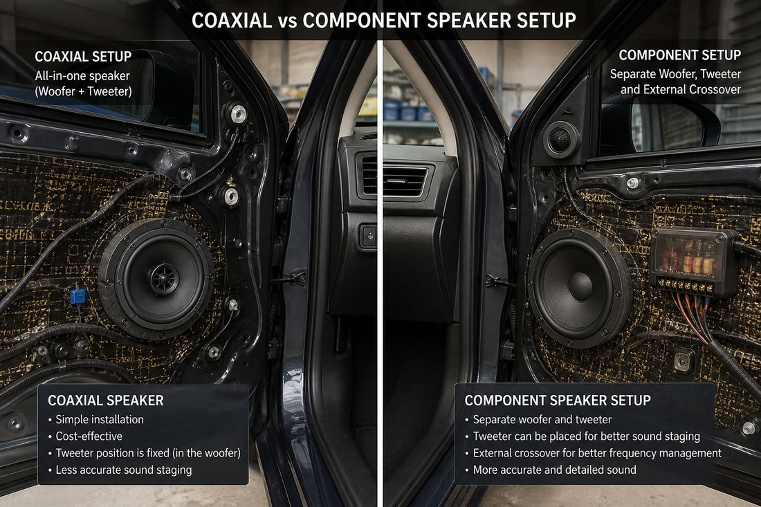 Car audio comparison showing a coaxial speaker on one side and a component speaker setup with separate tweeter and crossover on the other