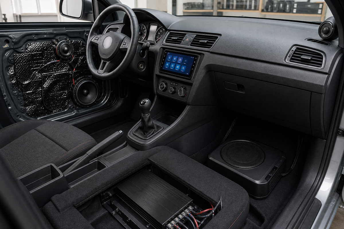 Car interior showing head unit, speakers, amplifier, subwoofer, and sound damping during an audio upgrade.