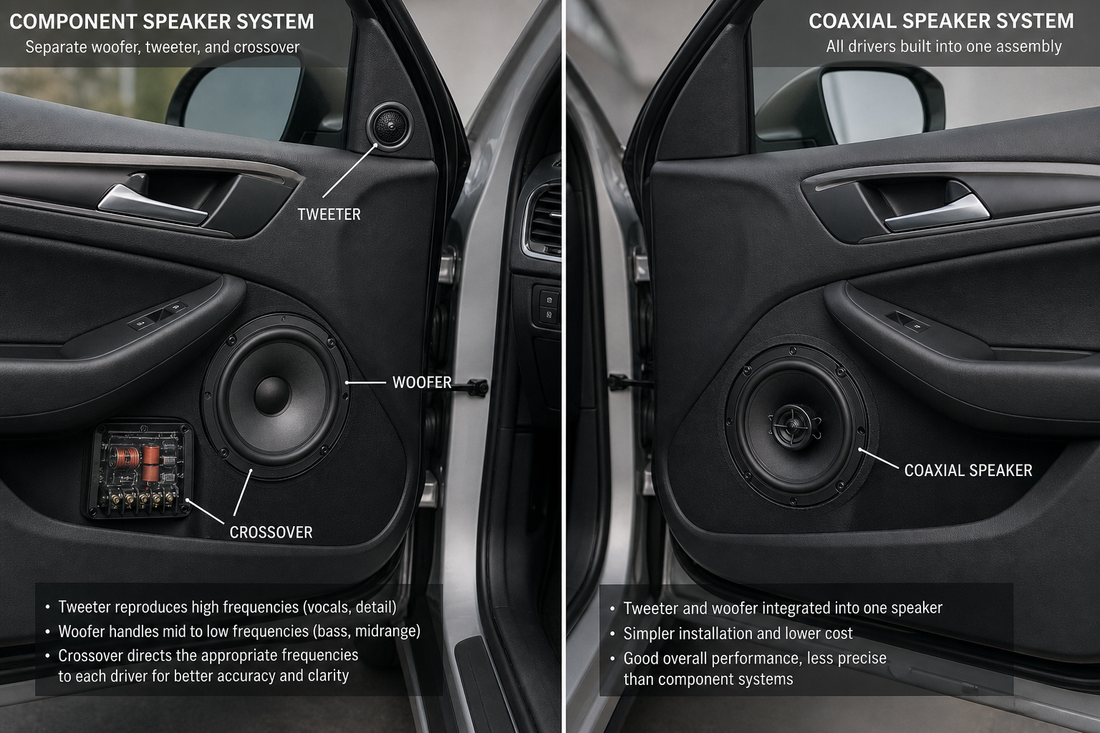Comparison of a component speaker setup and a coaxial speaker installed in a car door