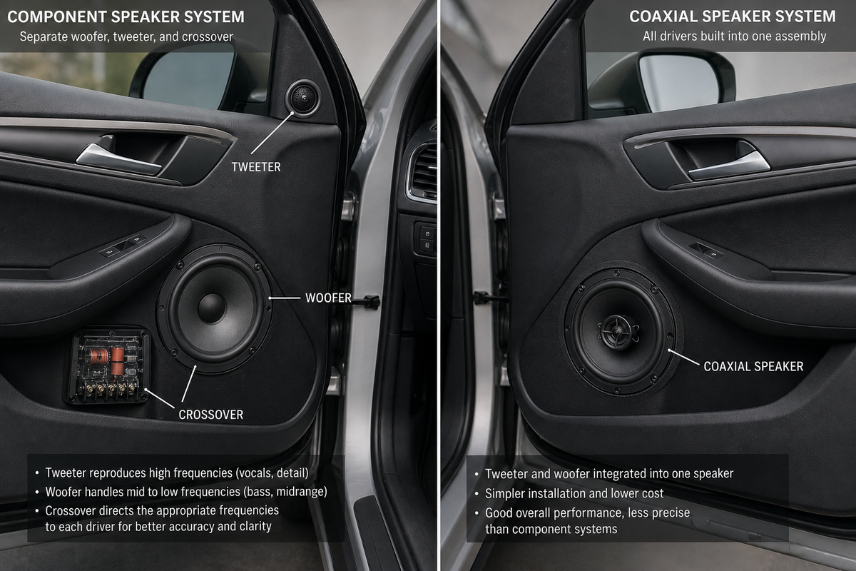 Comparison of a component speaker setup and a coaxial speaker installed in a car door
