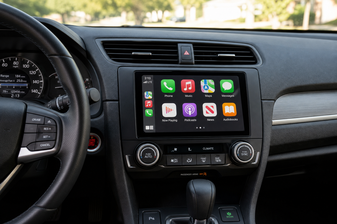 Car dashboard with a touch screen stereo installed in the center console