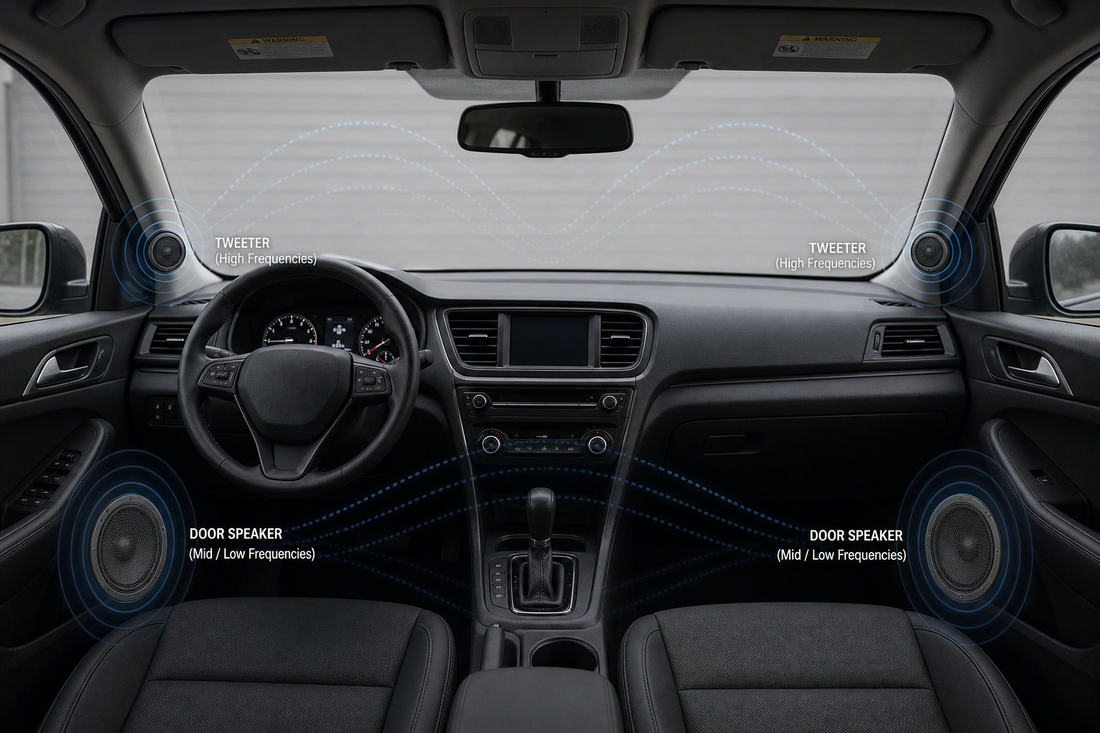 Car interior showing tweeters near the front pillars and speakers in the doors.