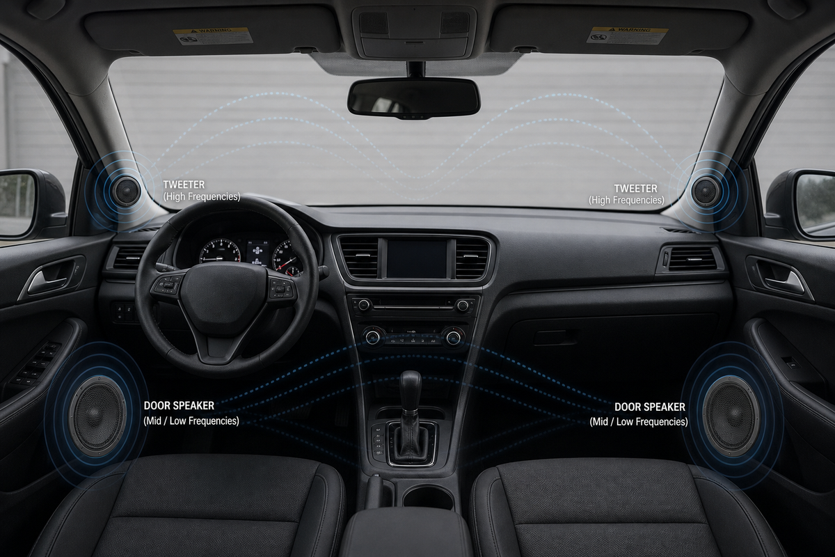 Car interior showing tweeters near the front pillars and speakers in the doors.