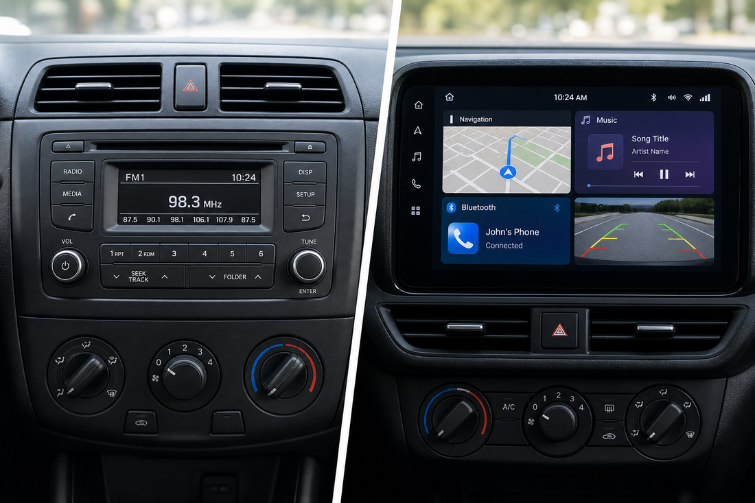 Car dashboard showing a basic stereo beside a modern touchscreen infotainment system.