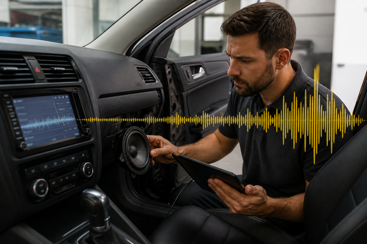 Car interior with door speaker and stereo screen while audio distortion is being diagnosed