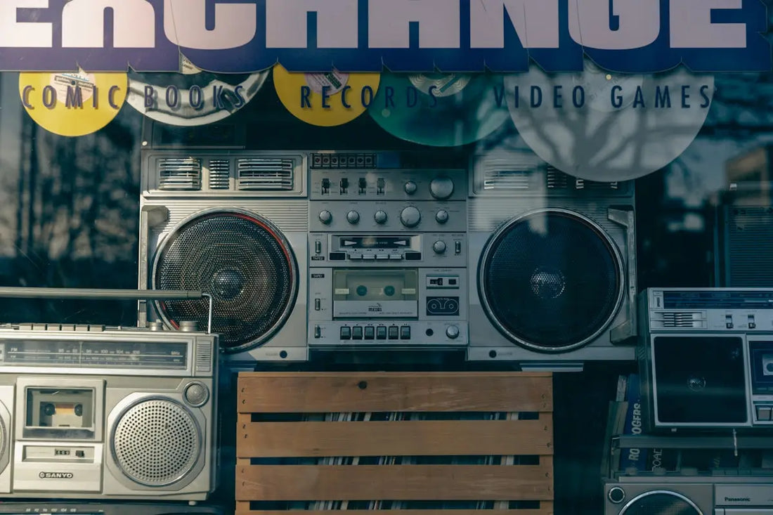 a display of old radio equipment in a store window