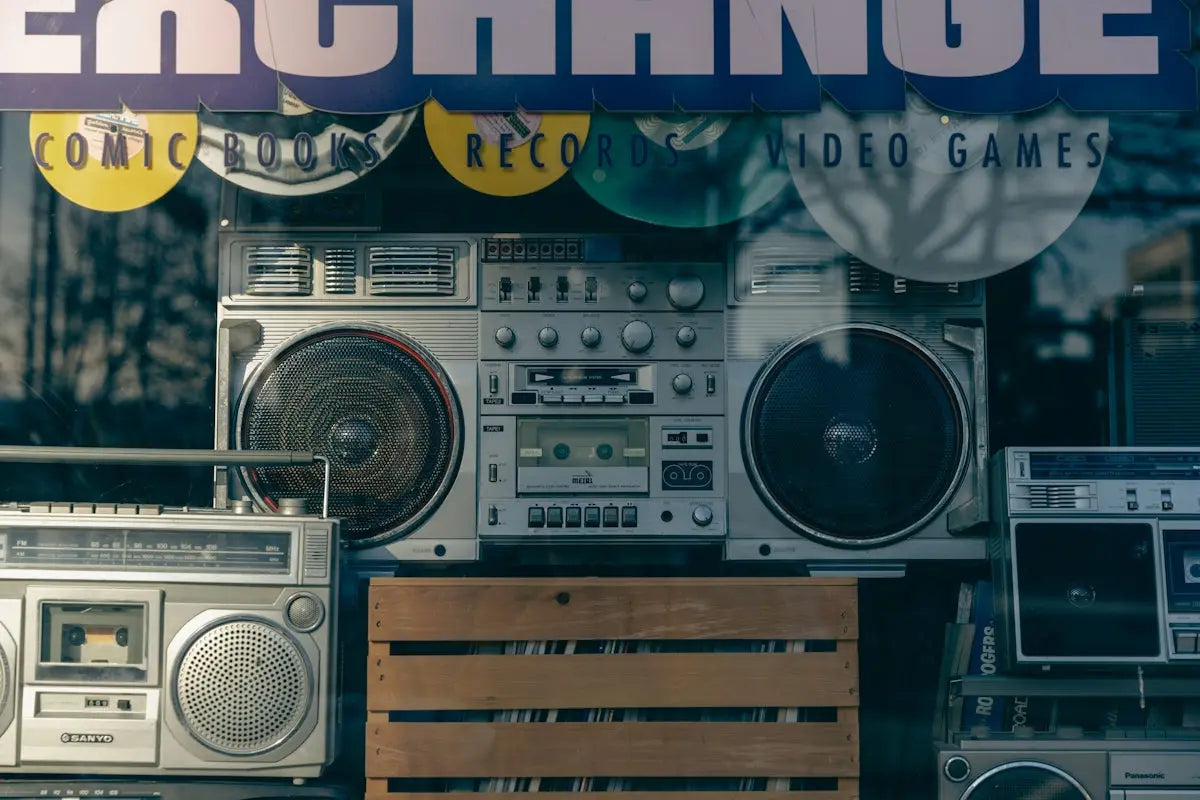 a display of old radio equipment in a store window