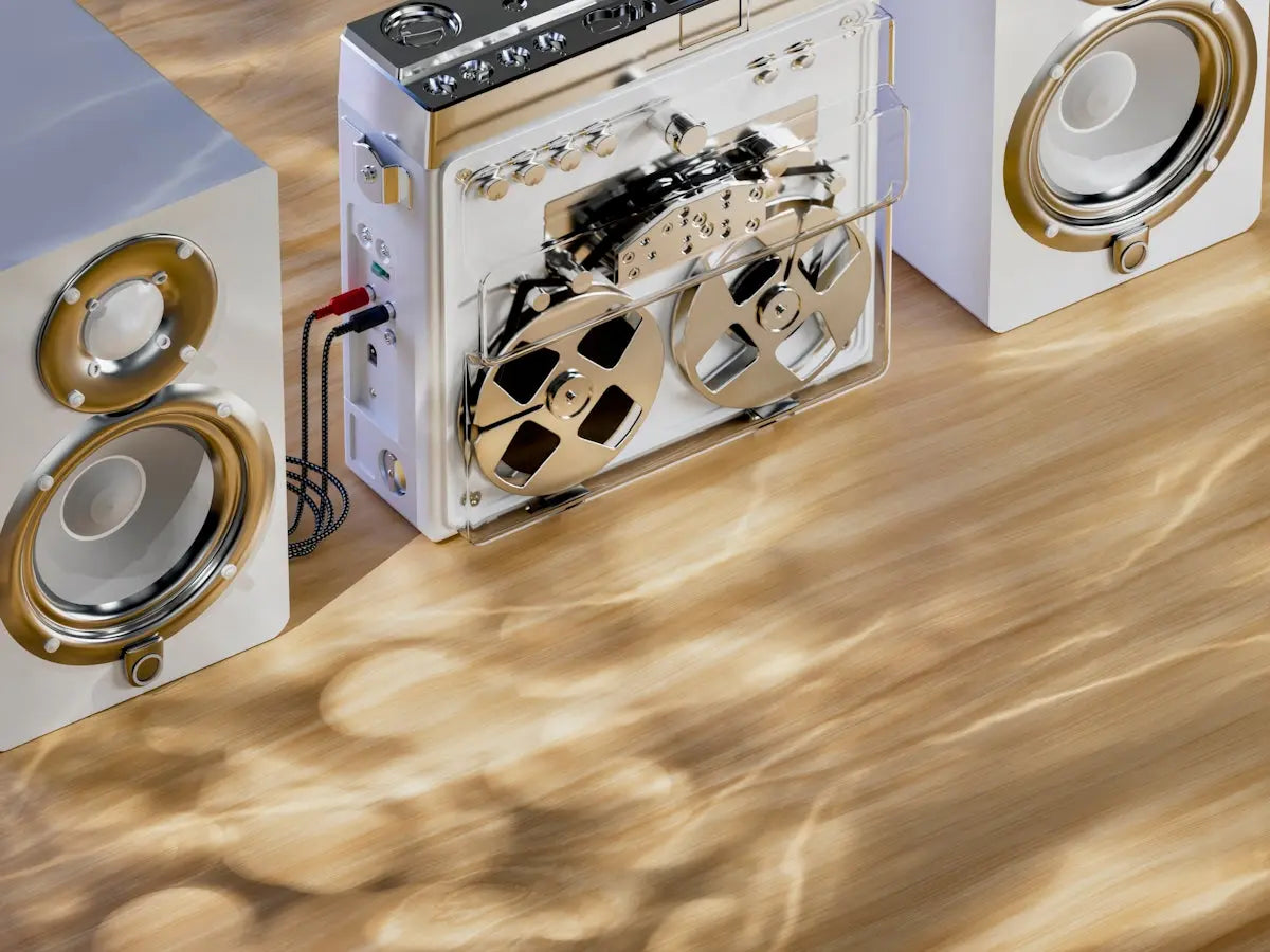 A stereo and speakers on a wooden table