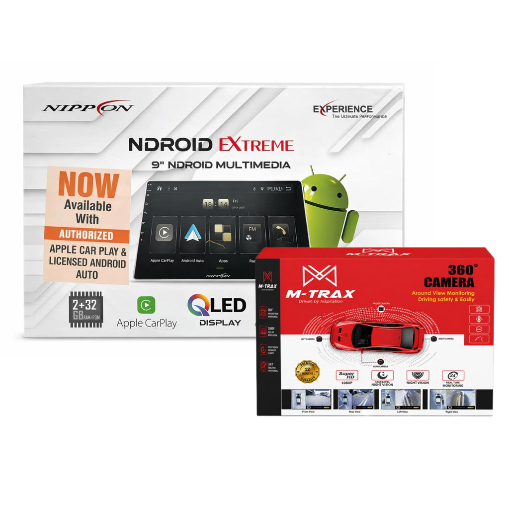 Nippon Android Stereo 9 Pro Extreme with 360 camera kit for car audio and immersive 360-degree camera view in a sleek dashboard setup.