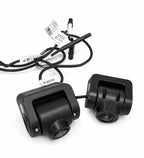 Two black rear cameras with lenses, mounting bases, and bundled cables
