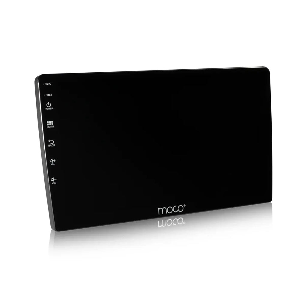 MOCO Moco X3 Android stereo with 2GB RAM, 64GB storage, wireless CarPlay and Android Auto, installed in vehicle dashboard.