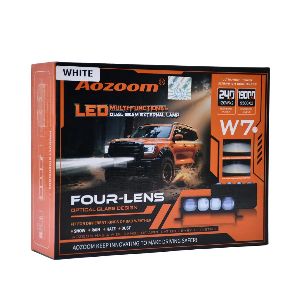 AOZOOM W7 4 Lens Auxiliary Car Lights with optical glass design, providing enhanced visibility and stylish illumination.