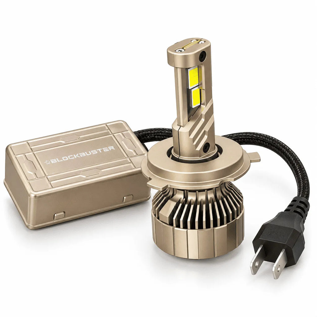 LED headlight bulb kit with two bulbs, control box, and power cable
