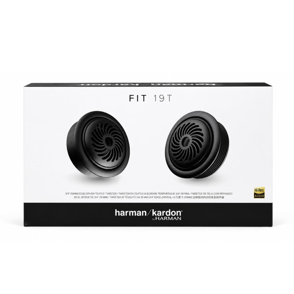 Harman Kardon FIT 19T premium high-res car tweeters installed in a vehicle audio system.