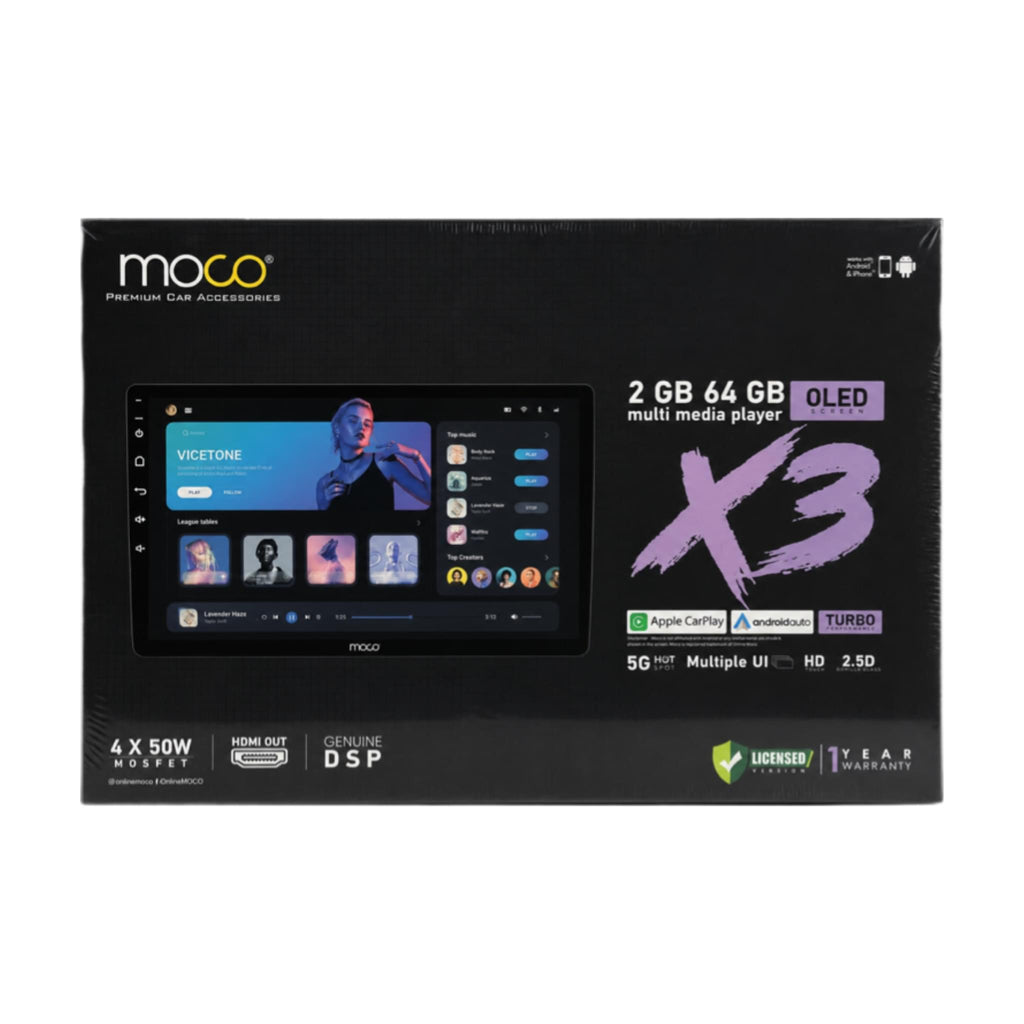 MOCO X3 Android stereo with 2GB RAM, 64GB storage, wireless CarPlay and Android Auto, shown installed in vehicle dashboard.
