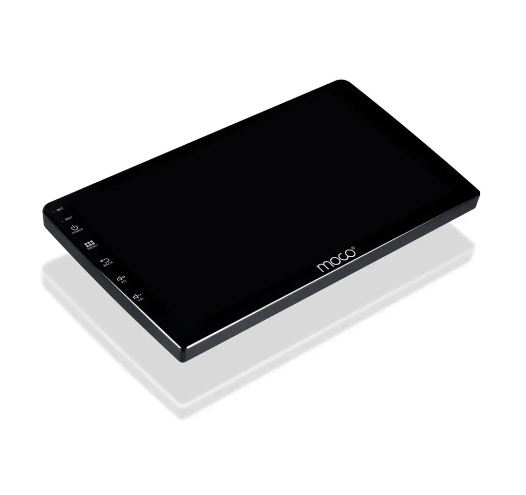 MOCO Moco X3 Android stereo with 2GB RAM, 64GB storage, Wireless CarPlay, and Android Auto installed in a vehicle dashboard.