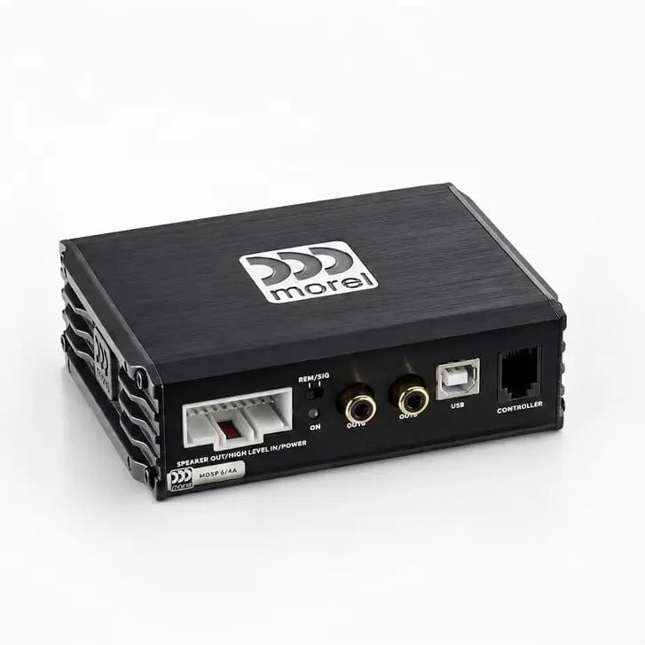 Black Morel DSP amplifier with speaker terminals, RCA and USB ports on front panel