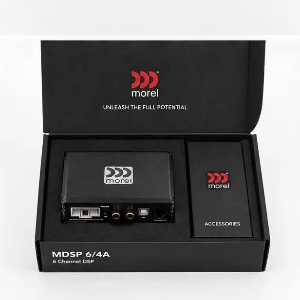 Black Morel DSP amplifier shown in open box, with logo panel and ports