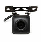 Black dash camera with square housing, round lens, and metal mounting bracket