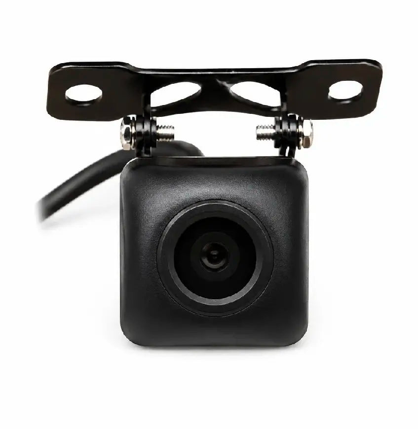 Black dash camera with square housing, round lens, and metal mounting bracket