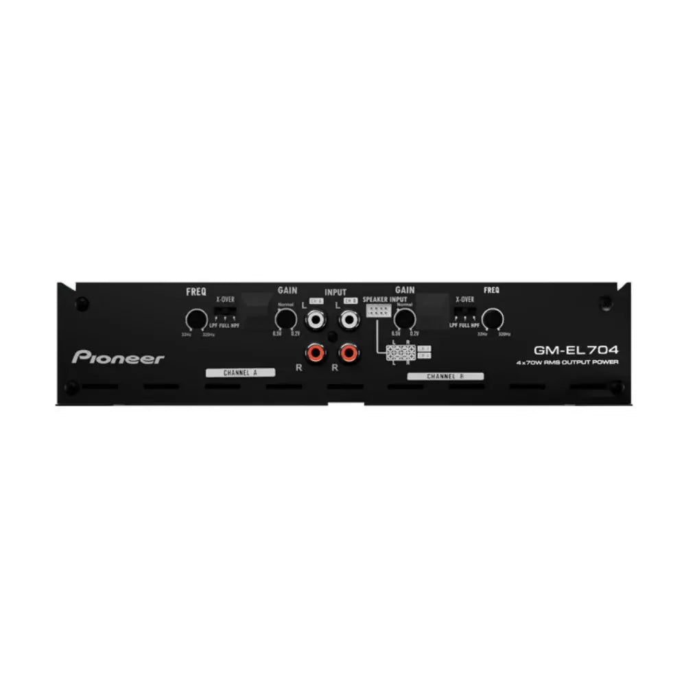 Pioneer GM-EL704 XCNID 4-channel bridgeable car amplifier with high performance Class AB design, compact and durable for vehicle audio.