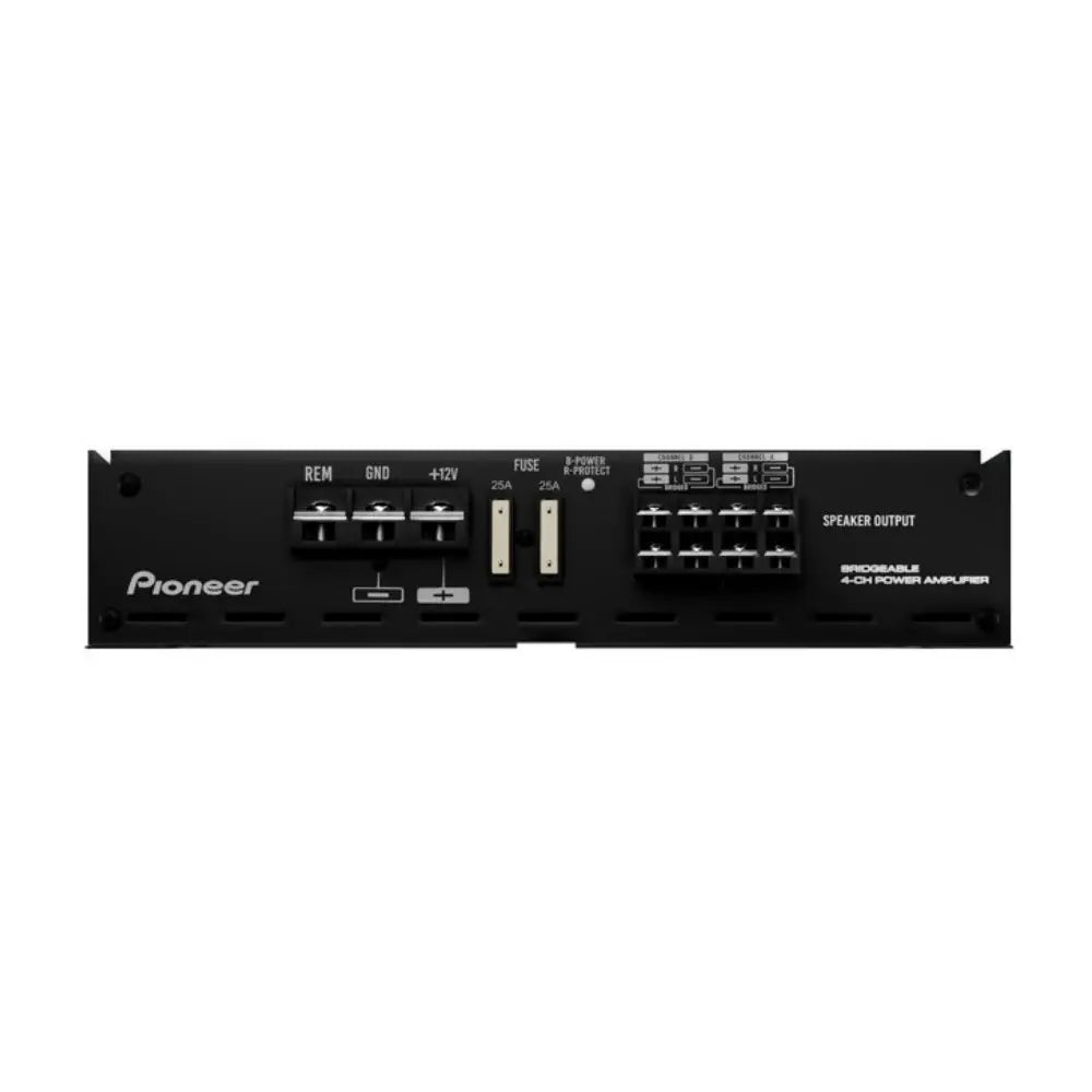 Pioneer GM-EL704 XCNID 4-channel bridgeable car amplifier showing sleek black design and control knobs for high-performance sound.