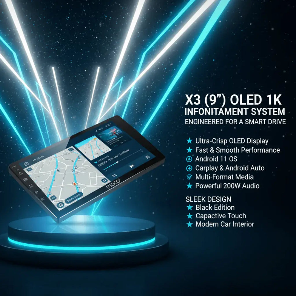 MOCO Moco X3 Android stereo head unit with 2GB RAM, 64GB storage, Wireless CarPlay, and Android Auto interface.