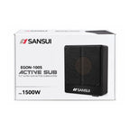 Sansui EGON-1005 active subwoofer for cars, black ultra-slim shown on box