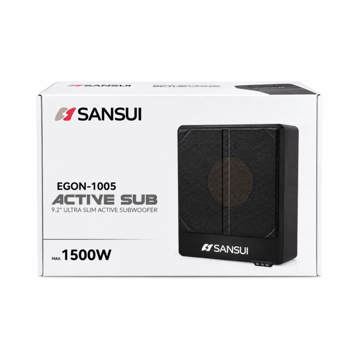 Sansui EGON-1005 active subwoofer for cars, black ultra-slim shown on box