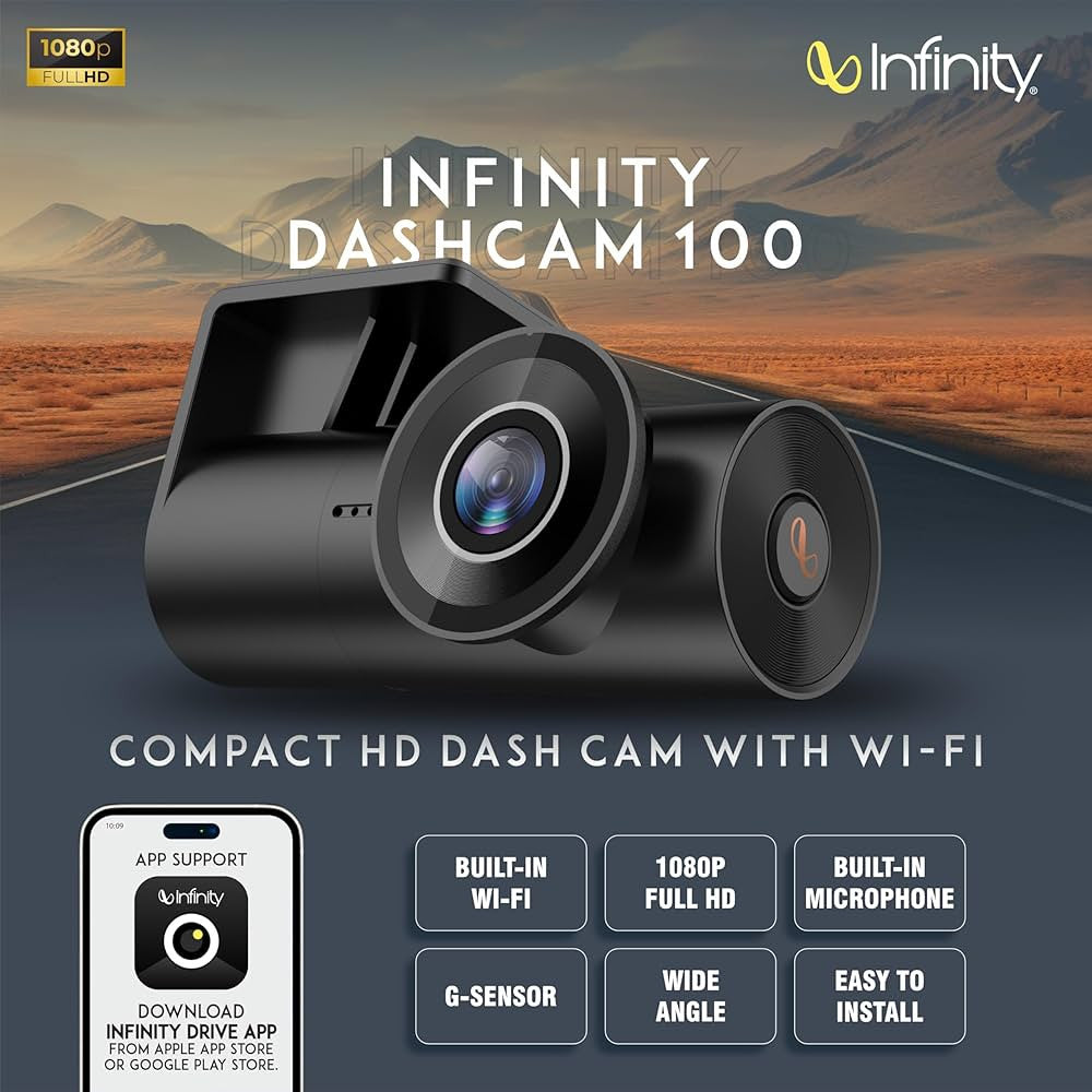 Infinity Car Dashcam D100 | 1080 Full HD Camera | Night Vision | Wide-Angle FOV | Built-in Wi-Fi, Mic | App Control | G-Sensor