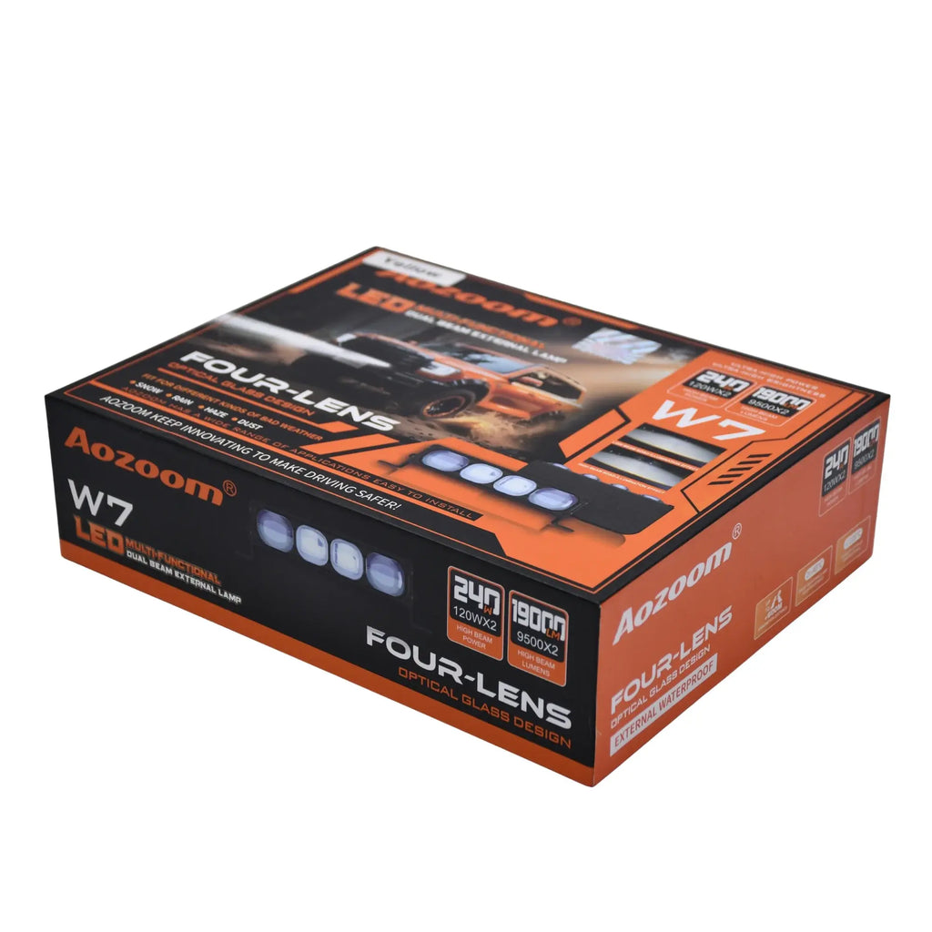 Aozoom W7 4 Lens Auxiliary Car Lights with optical glass design, showcasing durable mounting and clear lens for enhanced visibility.