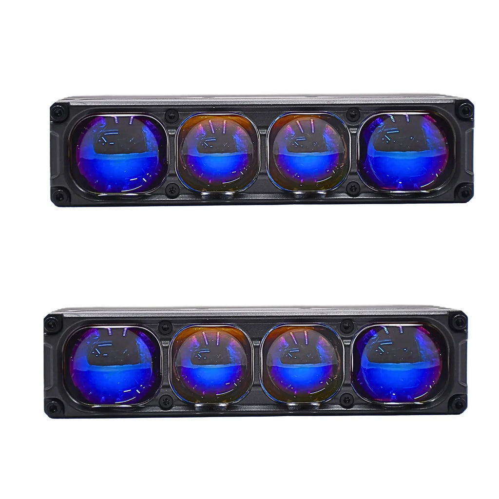 Aozoom W7 4 Lens Auxiliary Car Lights with optical glass design, showcasing clear lenses and sturdy mounting brackets.
