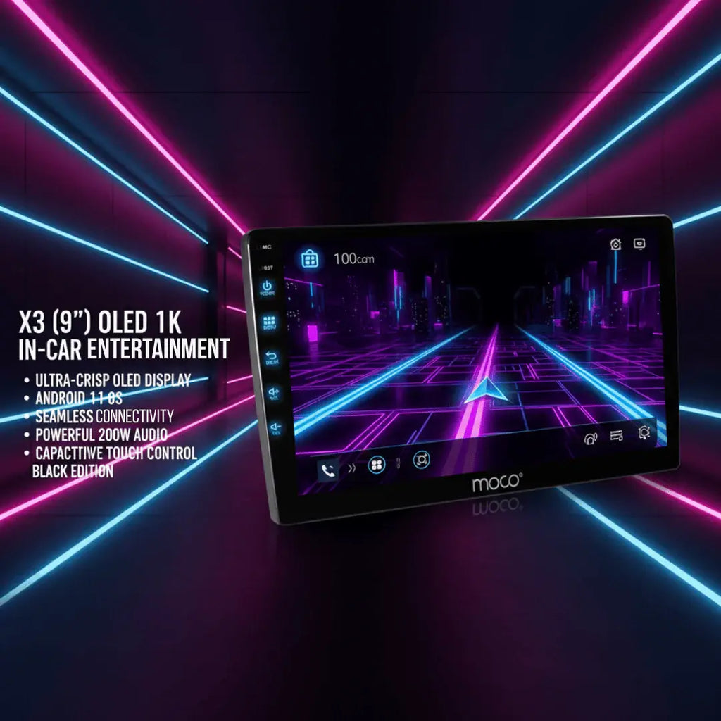MOCO X3 Android stereo head unit with 2GB RAM, 64GB storage, wireless CarPlay, and Android Auto interface.