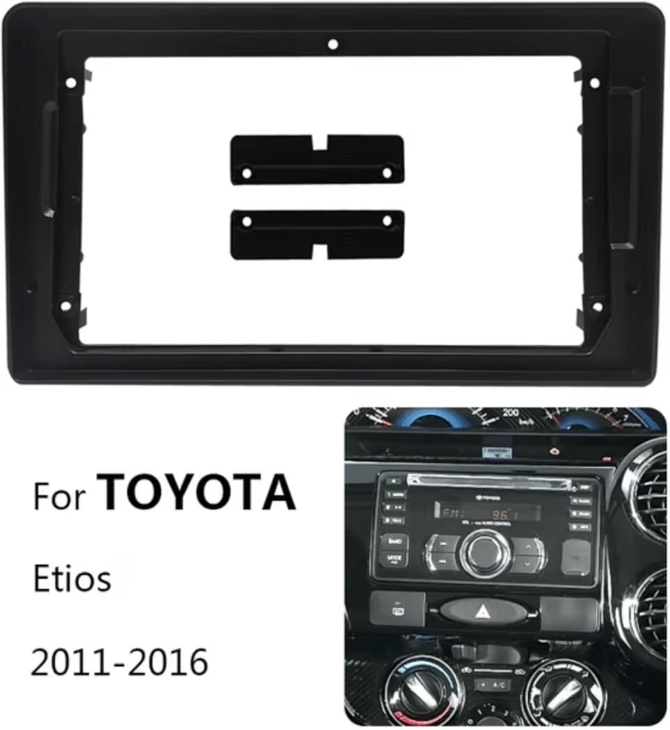 Android frame for Etios and Liva cars by Sahiba Car, 9-inch touchscreen dashboard replacement with sleek black design.